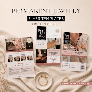 Puede incluir: Tres plantillas de folletos rectangulares para servicios de joyería permanente. Los diseños presentan esquemas de color negro y rosa suave con texto que incluye Permanent Jewelry, Pop Up Shop y Private Party. Cada folleto muestra detalles del evento, códigos QR e iconos de redes sociales sobre un fondo de tela neutro con una cadena dorada.