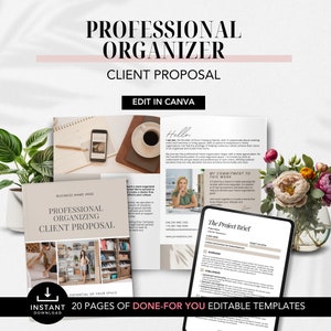 Puede incluir: Una maqueta digital rosa y blanca de una propuesta de cliente para un organizador profesional. La propuesta incluye una página de título con el texto "Propuesta de cliente para un organizador profesional" y una sección titulada "El resumen del proyecto". La propuesta está diseñada para ser editada en Canva e incluye 20 páginas de plantillas editables listas para usar.