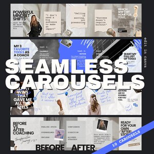 Peut inclure: Une conception graphique avec du texte et des images liées au coaching et aux stratégies commerciales. La conception comprend les mots "Seamless Carousels" en grandes lettres blanches, ainsi que diverses citations et témoignages. Le thème général est le développement personnel et professionnel.