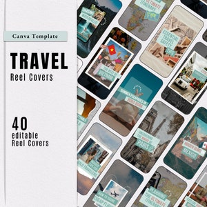 Puede incluir: Un conjunto de 40 portadas de carretes de viaje editables, con varios destinos y temas de viaje. Las portadas incluyen superposiciones de texto como "Chasing Waterfalls!", "The Best of Vietnam" y "Uncovering the Magic of Paris".