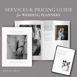 May include: A black and white photograph of a couple holding hands, used as a cover for a wedding planner pricing guide. The guide is titled "Pricing Guide" and features the text "Morgan Maxwell Weddings & Events".
