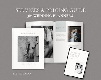 May include: A black and white photo of a couple holding hands, used as a cover for a wedding planner pricing guide. The guide is titled "Pricing Guide" and features the text "Morgan Maxwell Weddings & Events".