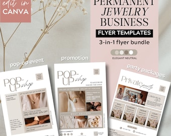 Permanent Jewelry Flyer Bundle, Business Starter Pack, Permanent Jewelry Marketing Templates - including Pop Up Event Flyer, Elegant Neutral