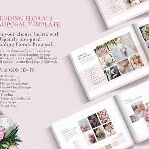 May include: A wedding floral proposal template with a pink and white color scheme. The template includes sections for welcome, event details, design inspiration, day-of floral design, quotation, timeline, terms and conditions, next steps, and thank you.