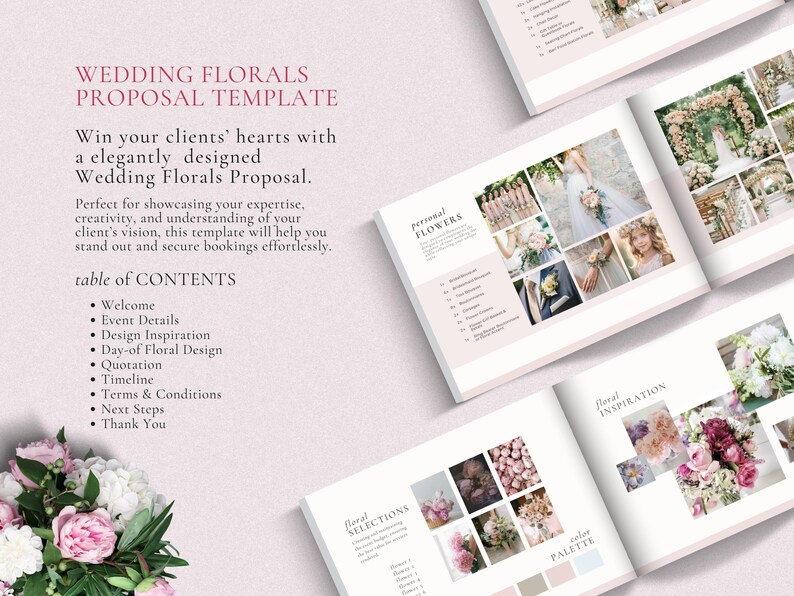 May include: A wedding floral proposal template with a pink and white color scheme. The template includes sections for welcome, event details, design inspiration, day-of floral design, quotation, timeline, terms and conditions, next steps, and thank you.