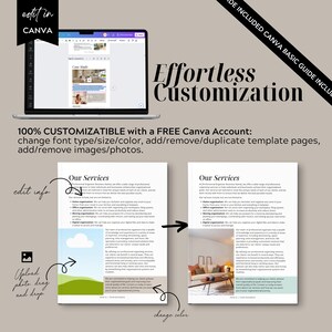 Puede incluir: Una plantilla de marketing digital que se muestra en la pantalla de una computadora port&aacute;til, que muestra un documento con el t&iacute;tulo "Case Study". La imagen incluye el texto "Effortless Customization" e instrucciones para editar en Canva, cambiar colores y agregar fotos.