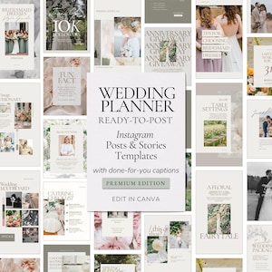 May include: A collage of Instagram post and story templates for wedding planners. The templates are in a minimalist style with a neutral colour palette of white, beige, and green. The text on the templates includes phrases like "Wedding Planner", "Ready-to-Post", "Instagram Posts & Stories", "Templates", "with done-for-you captions", "Premium Edition", and "Edit in Canva".
