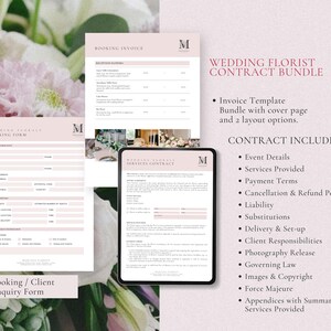 May include: A wedding florist contract bundle with a pink and white color scheme. The bundle includes an invoice template, a booking form, and a service contract. The text on the image reads "Wedding Florist Contract Bundle" and "Contract Includes:" followed by a list of contract items.