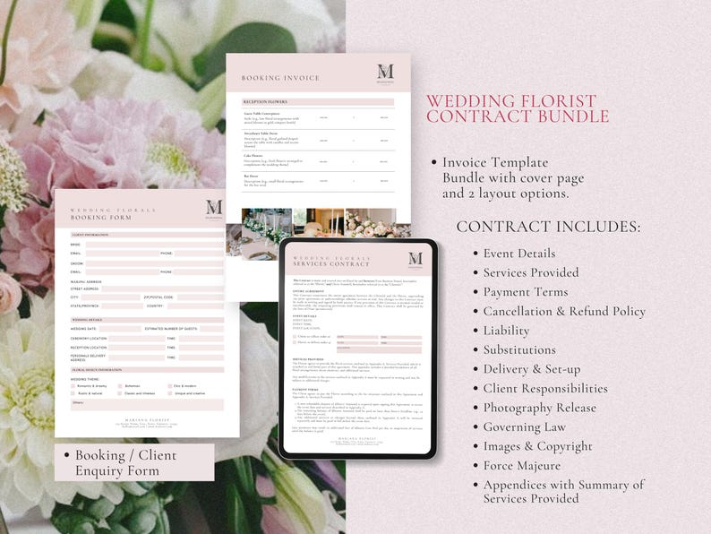 May include: A wedding florist contract bundle with a pink and white color scheme. The bundle includes an invoice template, a booking form, and a service contract. The text on the image reads "Wedding Florist Contract Bundle" and "Contract Includes:" followed by a list of contract items.