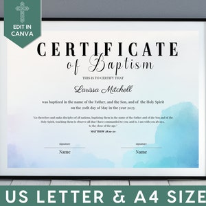 Plantilla de certificado de bautismo editable, certificado de recuerdo de bautismo para la familia, bautismo en agua personalizado del niño