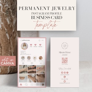 Cartão de visita permanente rosa de joias, modelo de cartão de visita do Instagram, modelos de joias permanentes editáveis, cartões de visita canva editáveis