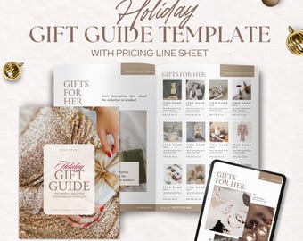 May include: A printable holiday gift guide template with a pricing line sheet. The template features a gold background with the text "Holiday Gift Guide" and "Gifts for Her".