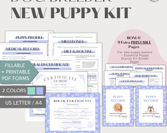 May include: A printable new puppy kit for dog breeders. The kit includes forms for puppy profile, medical record, health certificate, certificate of birth, milestones, diet and routine, vet examination checklist, puppy supply checklist, puppy socialization checklist, deworming log, and vaccination log. The kit is available in two colors and comes in US Letter or A4 size.
