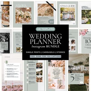 May include: A collection of 240 wedding planner Instagram templates featuring sage green and white layouts. The central black graphic displays the text 240 TEMPLATES WEDDING PLANNER Instagram BUNDLE SINGLE POSTS | CAROUSELS | STORIES FREE: DONE-FOR-YOU CAPTIONS.