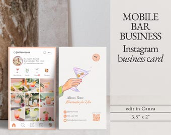 May include: Instagram business card for a mobile bar service called Alison Rose Bartender for Hire. The card features a watercolor illustration of a hand holding a martini glass. The card includes the business's social media handle, phone number, email address, and a QR code.