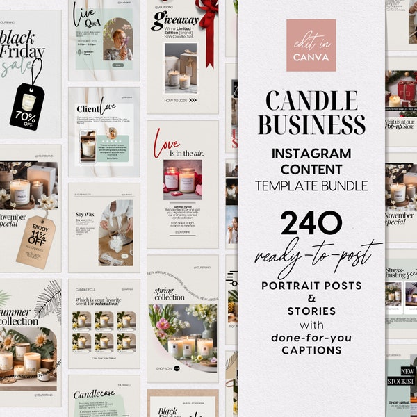 240 Candle Business Instagram Template Bundle, Canva Social Media Templates, Social Media Captions, Instagram Templates for Candle Business