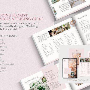 May include: A wedding florist price guide with a table of contents, floral arrangements, and a bonus 2-page price guide with 5 cover options.