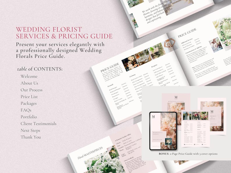 May include: A wedding florist price guide with a table of contents, floral arrangements, and a bonus 2-page price guide with 5 cover options.