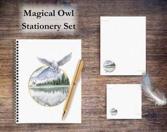 Magical Owl Stationery Set - | Notebook | Notepad | Sticky Notes | Wizardry | Castle | School of Wizardry | Owl | Magic