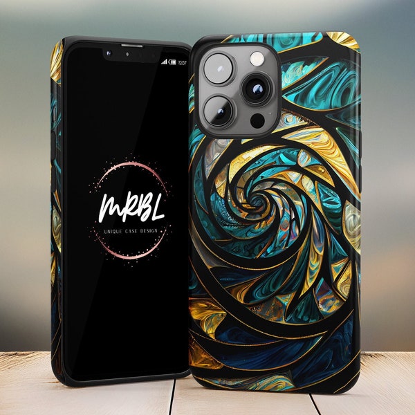 Swirling Teal Gold Stained Glass iPhone 15 Case - made by MRBL - Tough iPhone 15 14 13 12 11 Pro Max X Xs Xr 8 7 Galaxy S23 Ultra Plus