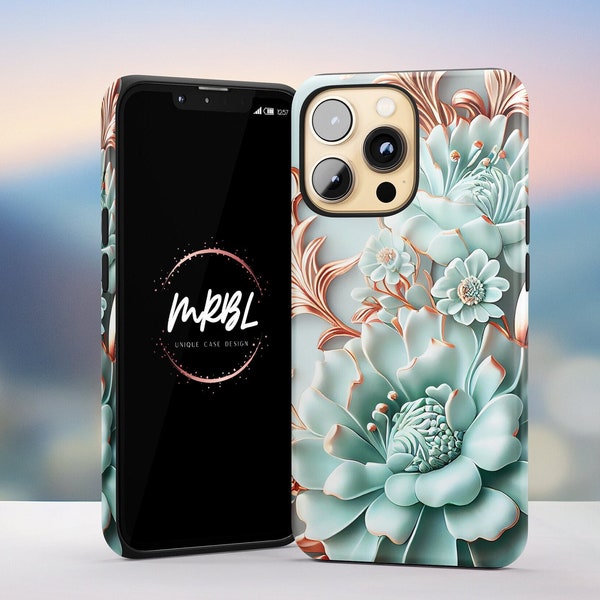 New iPhone 15 Teal Flowers with Rose Gold Case - made by MRBL - Tough iPhone 15 14 13 12 11 Pro Max Case X Xs Xr 8 Phone Case