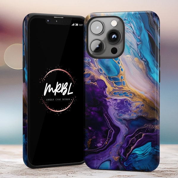 iPhone 15 Blue and Purple Ink Pour Fluid Marble iPhone Case - made by MRBL - Tough iPhone 15 14 13 12 11 Pro Max Case X Marble Phone Case