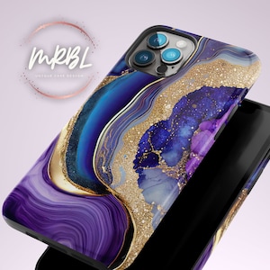 iPhone 15 Purple Blue Marble Gold Case - by MRBL - Tough iPhone 15 14 13 12 11 pro case X XS XR 8 | Galaxy S23 S22 S21 S20 S10 Plus Ultra