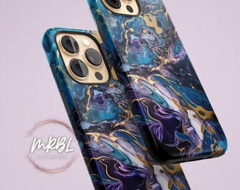 iPhone 15 Purple Blue Gold Marble phone Case- made by MRBL - Ink Paint Pour Tough iPhone 15 14 13 12 11 Pro Max Case X Xs Xr 8 Phone Case