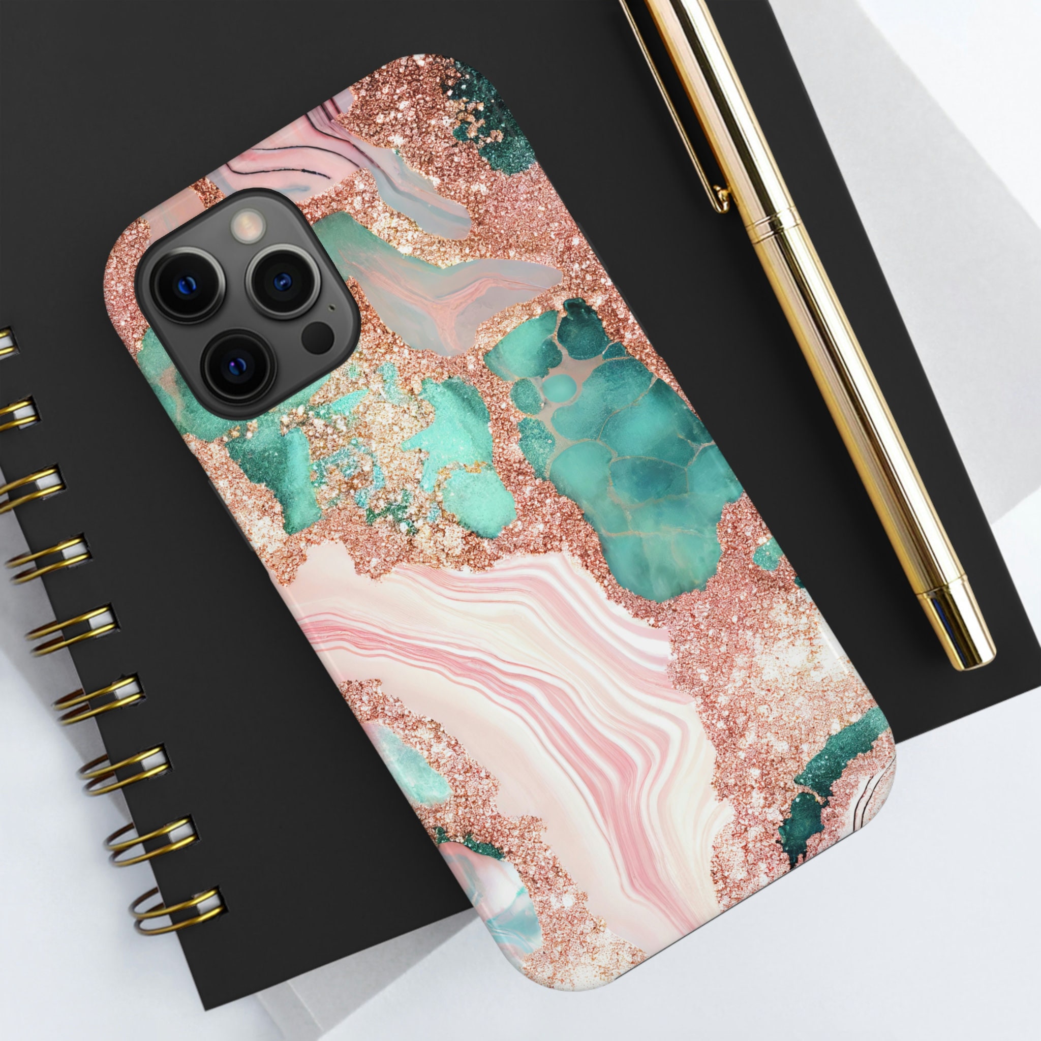 Rose Gold Teal Pink Marble iPhone Case Made by MRBL Tough Etsy