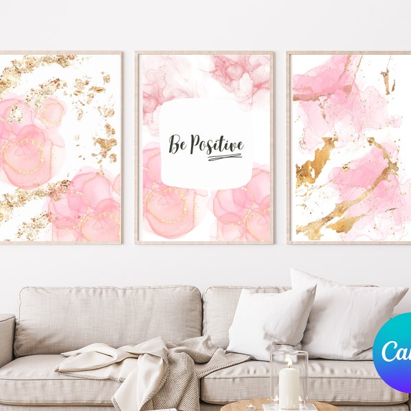 Blush Gold and Pink Acryl Painting Set of 3 Be Positive Canvas Motivational Wall Art Digital Art Pink Motivational Quote Home and Office