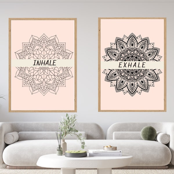 Mandala Wall Art Set of 3 Digital Prints Inhale Exhale Wall Art Beige Boho Bedroom Living Room Wall Decor, Digital High Quality Resolution