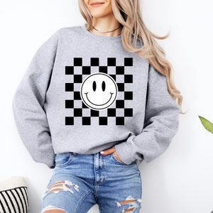 Retro Smiley Face Sweatshirt, Checkered Happy Face Sweater, Boho Crewneck, Trendy Vintage Shirt, Mental Health Sweatshirt