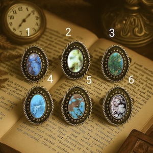 Op de afbeelding: Zes ovale ringen met bronskleurige zettingen en diverse stenen inlays. De inlays hebben tinten blauw, groen en wit, met een touwachtige rand. De ringen worden getoond op een open boek.