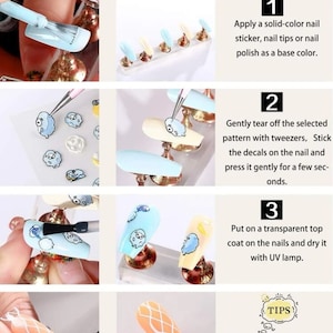 May include: Instructions for applying nail decals. The steps include applying a base color, gently tearing off the selected pattern with tweezers, and applying a top coat with a UV lamp. The image also includes a tip to cut long decals to fit the nail size.