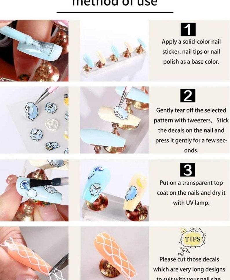 May include: Instructions for applying nail decals. The steps include applying a base color, gently tearing off the selected pattern with tweezers, and applying a top coat with a UV lamp. The image also includes a tip to cut long decals to fit the nail size.