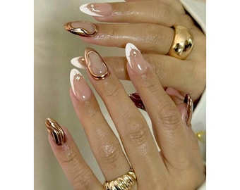 White French Tip Press on Nails, Gold Nails Handmade Almond Shaped, Golden Mirror Hexagon Star Stud DIY, Nail Tips for Elegant Nails.