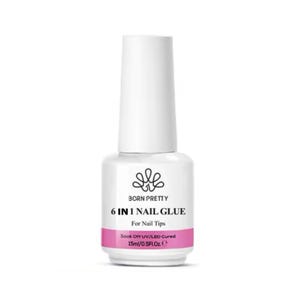 May include: A white bottle of 6 in 1 nail glue for nail tips. The bottle is labeled "BORN PRETTY 6 IN 1 NAIL GLUE" and "Sook Off UV/LED Cured 15ml/0.5FL.Oz.e".