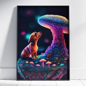 Printable Digital Art, Psychedelic Home Decor, Colorful Poster Office Decor, Instant Download, Dog Lover Gift, Mushroom Lover Gift, AI Art
