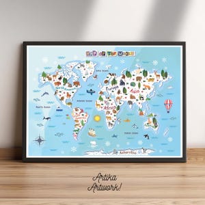 Mappa del mondo degli animali - Poster fantasioso, decorazione murale per cameretta, asilo nido, a scopo didattico (download digitale)