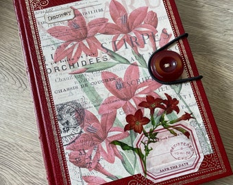 Carnet de notes Junk Journal rouge fleurs dentelle red fowers