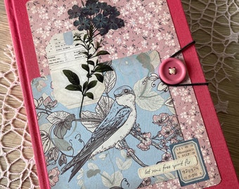 Carnet de notes Junk Journal livre rose et bleu oiseaux printemps vintage