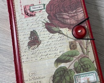 Carnet de notes Junk Journal rouge fleurs dentelle red fowers