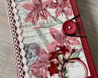 Junk Journal-Notizbuch, rote Blumen, Spitze, rote Blumen