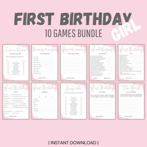 Pacote de jogos para festa de primeiro aniversário de menina de um ano, jogos para impressão para festa de primeiro aniversário, download instantâneo de atividades de festa, celebração