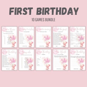 Mädchen zum 1. Geburtstag Party Spiele Bundle Ein Jahr alt, druckbare Spiele für erste Geburtstagsparty, Party Aktivität Instant Download, Feiern