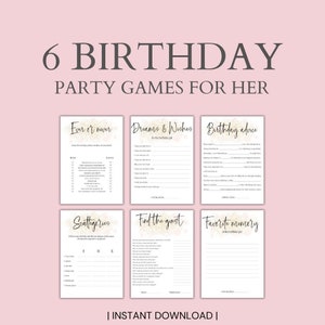 6 verjaardagsspelletjes voor haar afdrukbare moderne verjaardagsfeestje spelletjes voor vrouwen Verjaardagsspelletjes voor volwassenen verjaardag meisje bundel 21e 25e 30e 50e