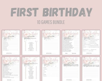 Girl 1st Birthday Party Games Bundle One Year Old, Printable games for first birthday party,Party Activity Instant Download, Celebration