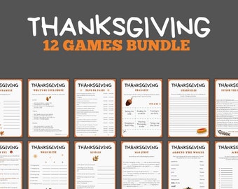 May include: A set of 12 printable Thanksgiving games. The games include: Thanksgiving Scramble, What's on Your Plate, True or False, Thanksgiving Charades, Thanksgiving Chronicles, Finish the Sentence, Thanksgiving Riddles, Mad Quest, Thanksgiving Around the World, Thanksgiving ABC, Thanksgiving Word Blitz, and Thanksgiving Eye Spy. The games are designed to be played at a Thanksgiving gathering.