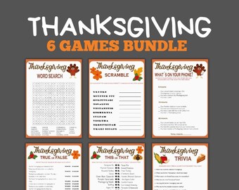 May include: A printable Thanksgiving game bundle with six different games: Word Search, Scramble, What's on Your Phone, True or False, This or That, and Trivia. The games feature a fall theme with images of turkeys, pumpkins, and leaves.