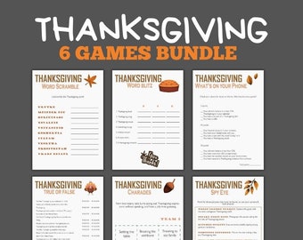 May include: A printable Thanksgiving game bundle with six different games: Word Scramble, Word Blitz, What's on Your Phone, True or False, Charades, and Spy Eye. The games feature a Thanksgiving theme with illustrations of turkeys, acorns, and pie.